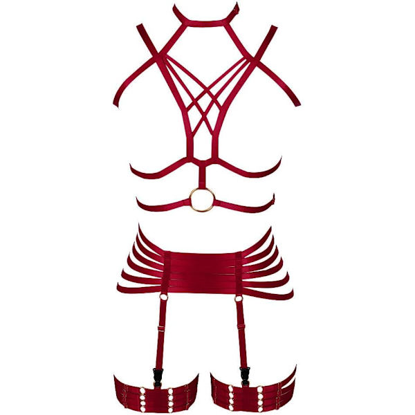 SSGOTH Full Harness Strumpeband BH Set Lingerie Kvinnor Bur Punk Gotisk Bälte Festival Rave Plus Size Dans Fotografi Kläder Vinröd