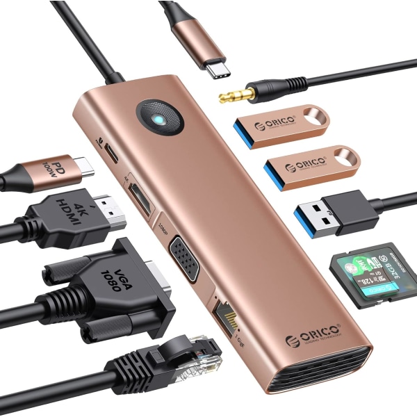 ORICO-PW11-10P 10 i 1 Laptop Dockningsstation med HDMI 4K, VGA, 3 USB-port, PD 100W, SD&TF, 3,5 mm ljud, Gigabit Ethernet Typ C Multiport Adapter för Windows Mac(Grå) Roséguld