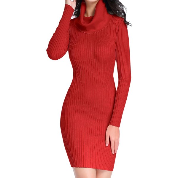 Tröja klänning för kvinnor Ribbstickad stickad midi Sexig höst och vinter Bodycon klänning med halsringning Röd Stor