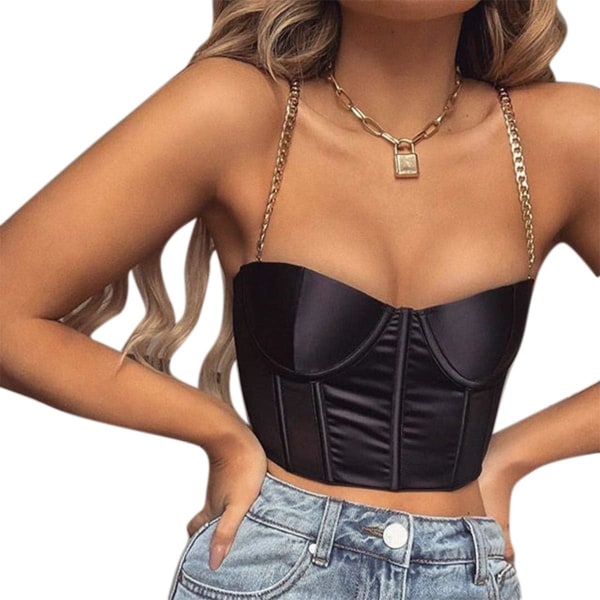 OMINA Kvinnor Sexig Mesh Bustier Crop Top Rygglös Kedjestroppar Push Up Vadderad Korsett Topp BH för Fest Klubb Rave Outfit Svart Stor