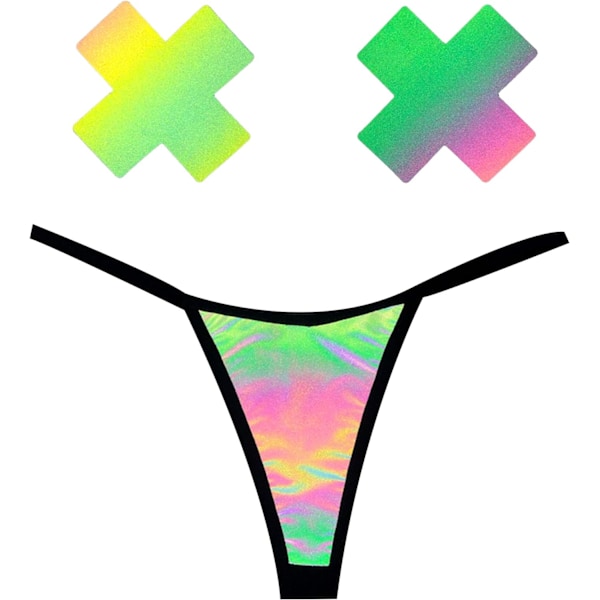 en naken Naughty Nix G-string med matchande Nipztix Pasties Rainbow Reflect