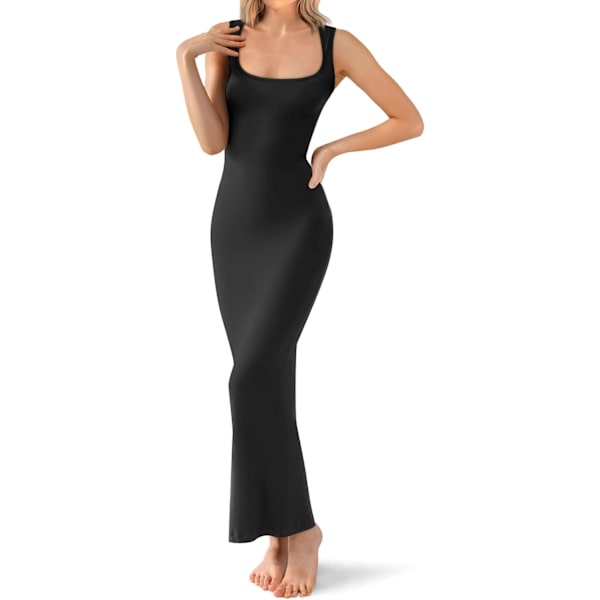 EFAN Dam Square Neck Bodycon Maxi Klänning Ribbad Ärmlös Lång Klänning Svart Liten