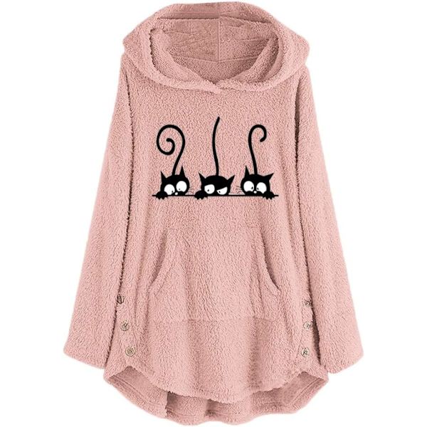 XM Dam långärmad katt tryckt huvtröjor pullover höst vinter fuzzy fleece söt tröja tröja för tonårsflickor