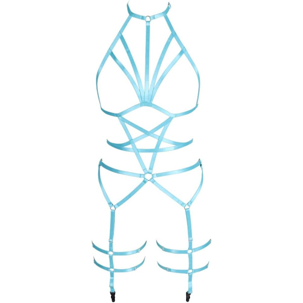 en's Full Body Harness Bra Lingerie cage Set Strumpeband Gotisk Punk Pentagram Bröstrem Plus Size Festival Rave Lake Blue