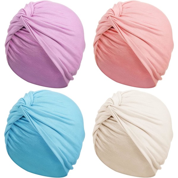 INIOR 4-delade turbaner för kvinnor Mjuk förbunden knut Modeveckad cap Beanie Headwrap Sleep Hat, 4 färger blå, lila, P Medium