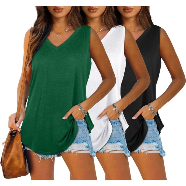 EFAN Dam Tank Tops V-hals Sommartoppar Lös Passform Ärmlös Toppar 2Pack/3Pack 3 Pack Grön/Bl 3X-Large