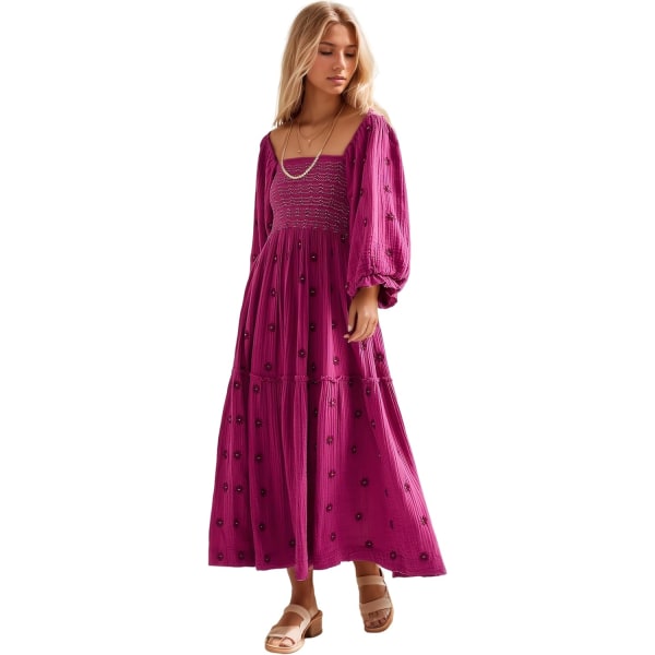 ivimos Dam långärmad bomull Boho Midiklänning Vintage fyrkantig hals Blommig broderad flerskiktad volang Flytande fickor Dre Fuchsia Stor