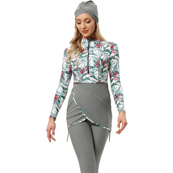 lim Badkläder för kvinnor Modest Swimsuit Burkini Topp Byxor Hijab 3 Delar Full Cover Blommigt Tryck Baddräkt Islamisk Grå Liten