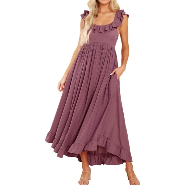 ivimos Sommarklänning för kvinnor, ärmlös Boho volang fyrkantig hals knyt bak casual rygglös flytande midiklänning Darkrose Small