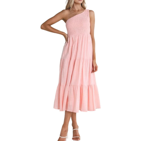 ivimos En axelklänning för kvinnor Sommarklänning utan ärmar Smokad Boho Casual Volanglager A-linje Flytande Midiklänning Rosa X-Large