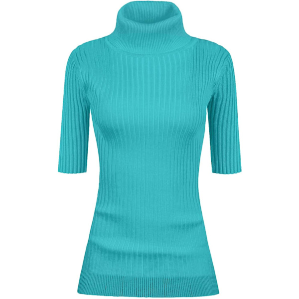 Kvinnors Turtleneck 1/2 Halv Ärm Hög Stretchy Ribbstickad Monterad Tröja Lakeblue XX-Large
