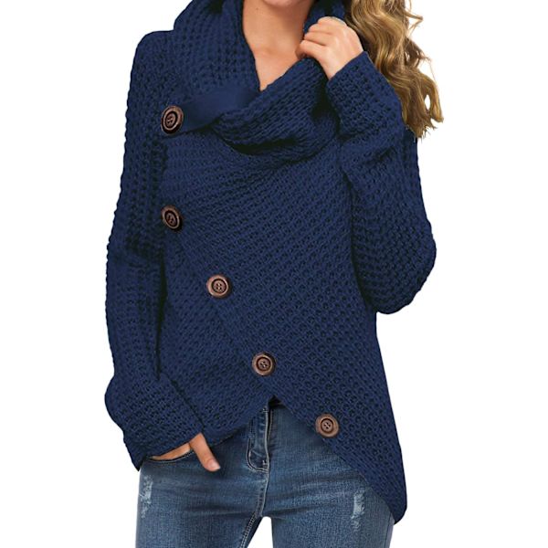 CERELLE Dam Turtleneck Tröjor Höst Chunky Långärmad Asymmetrisk Stickad Pullover Tröjor, 17 Marinblå, Stor
