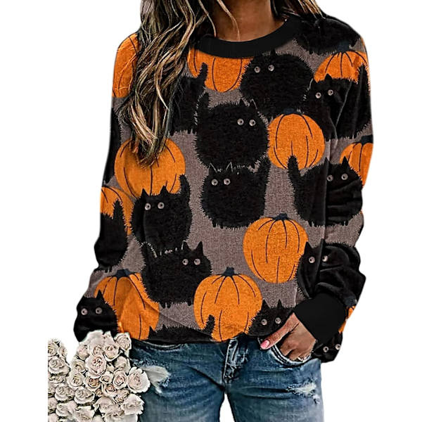 aolk Pumpa-tröja Halloween Crewneck-tröja - Katter Grafisk Tryckt Långärmad Lös Pullover-topp