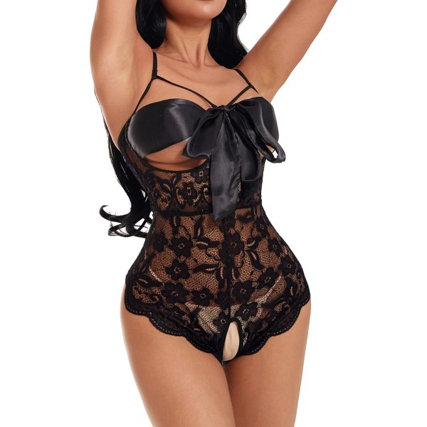 allsmo Dam Teddy Lingerie Blommig Spets Bodysuit Rosett Framtill En Delad Babydoll Mini Bodysuit S-XXL Svart Liten