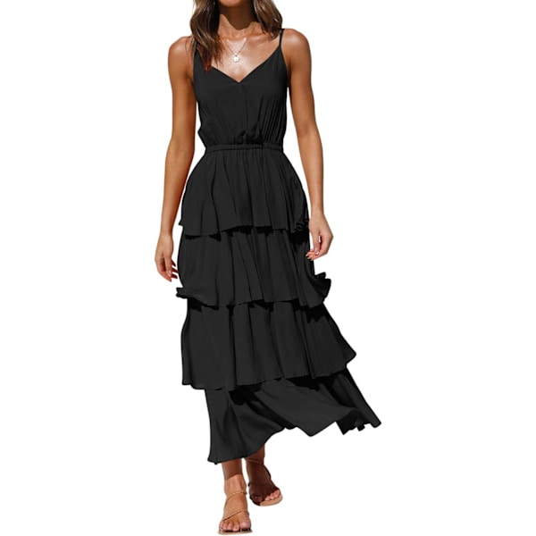 ivimos Dam Sommar Bomull Spaghetti Remmar V-Ringad Lager Ruffle Fåll Boho Swing Midi Klänning Svart Liten