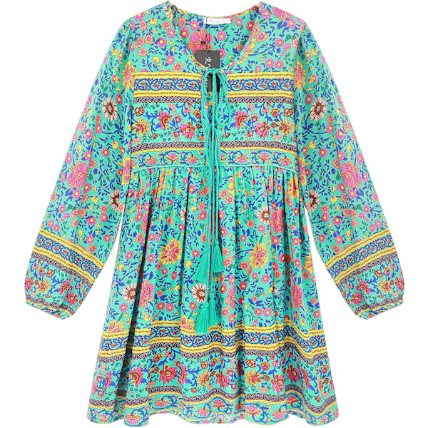 ivimos Dam långärmad blommig casual print bomull miniklänning grön X-Large