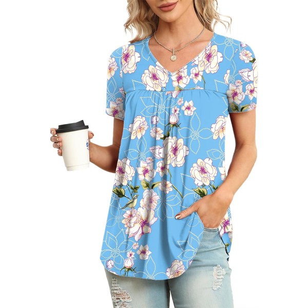LASI Dam Sommartoppar V-hals Korta Ärmar Casual Skjorta Flytande Tunika Blus Ljusblå Flow Medium