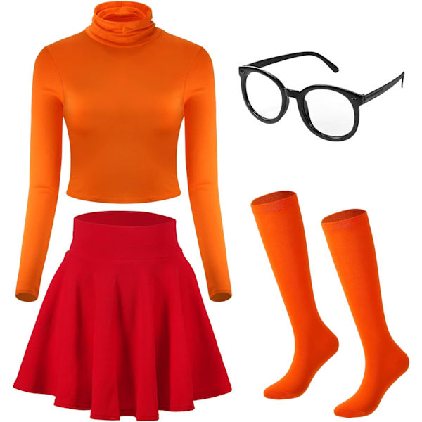 Halloween Cosplay Kostym Kjolsats för Kvinnor, Mini Stretch Midja Flared Kjolen, Turtleneck Crop Top, Höga Strumpor med Glasögon