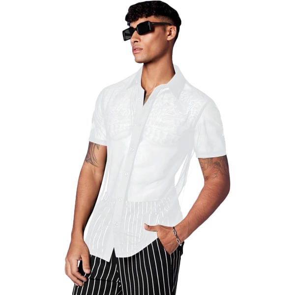 dusa Sheer Mesh Button Up Skjorta för män Genomskinlig kortärmad topp Ljus vit Medium