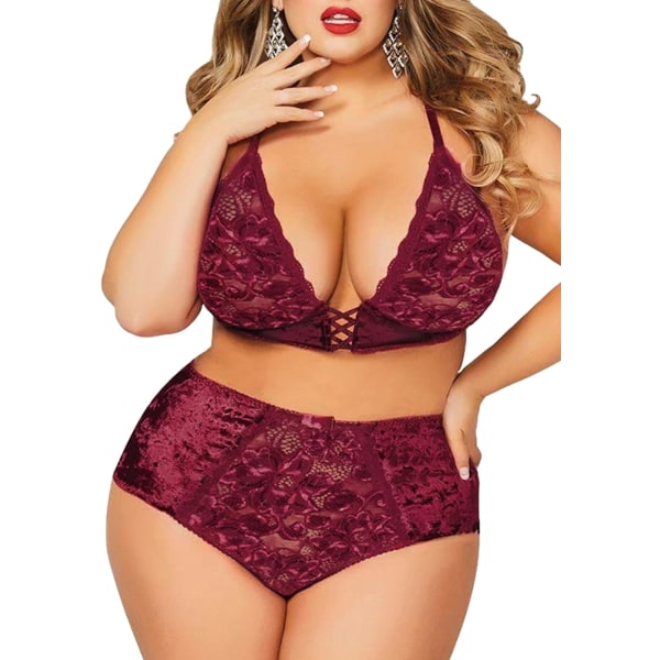 a Lust Plus Size Underkläder Set för kvinnor - Sexig Crushed Velvet Mesh Snörning Exotisk Halter Bralette & High Waist Trosa Wine X-Large