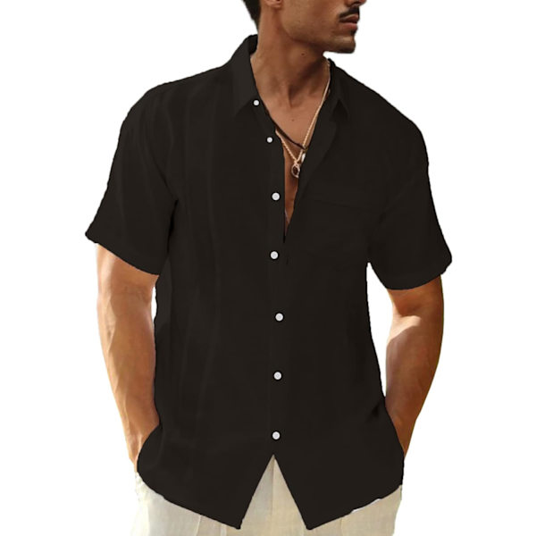 BL herrlinneskjorta kortärmad sommarskjorta herr casual skjorta med bröstficka regular fit herrskjortor mörkgrå stor