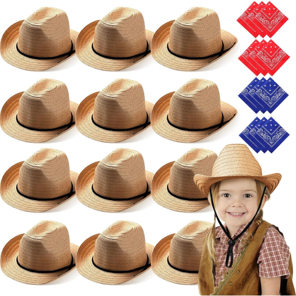 Set Kid Halm Cowboy Hattar med Snusnäsdukar Cowboy Dräkt Snusnäsdukar för Western Party Kid Dräkt Khaki