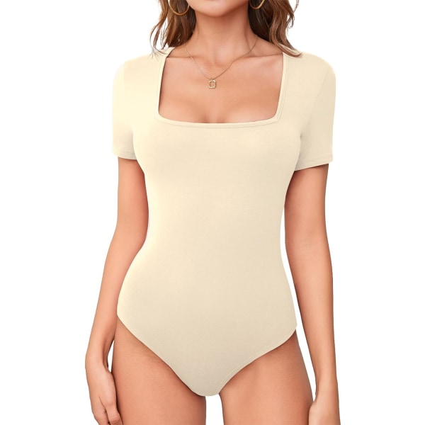 LASI Bodysuit med fyrkantig hals för damer, kort ärm Slim Fit Basic Stretchy Body suit Dubbelfodrad skjorta toppar Nude X-Large