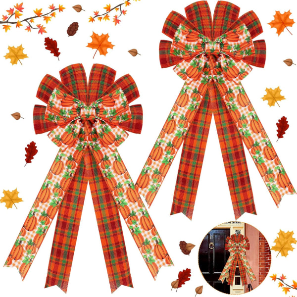 une 2 st höstkransbågar stora pumpa Buffalo Plaid bågar dekor dubbel lager Thanksgiving trädtopp för hösthelg 2 pumpa orange vit rutig
