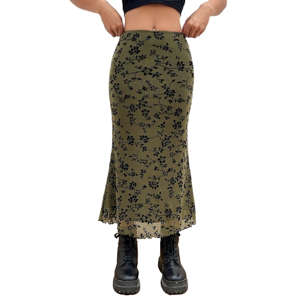 dusa Dam Lettucs Trim Hög Midja Mesh Fiskstjärt Bodycon Lång Kjol Armégrön Flor Liten