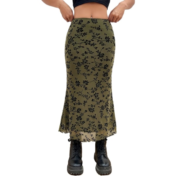 dusa Dam Lettucs Trim Hög Midja Mesh Fiskstjärt Bodycon Lång Kjol Armégrön Flor X-Large