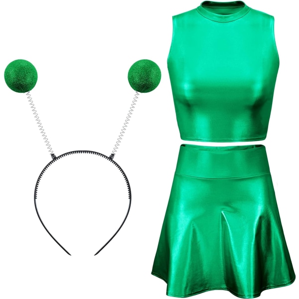 allic Top Ärmlös Crop Linne Plisserad kjol med pannband för Raves Halloween Cosplay Green Large