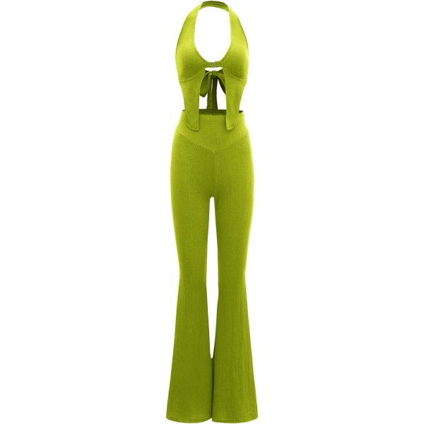 dusa Kvinnors 2-delade outfits Tie Back Crop Halter Top and Wide Leg Byx Set Lime Green X-Small