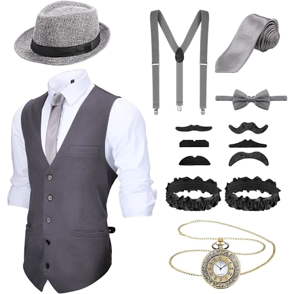 INIOR 1920-tals herrkläder 20-tals Halloween Cosplay-tillbehör Outfit med gangster väst Fedora hatt fickur hängslen