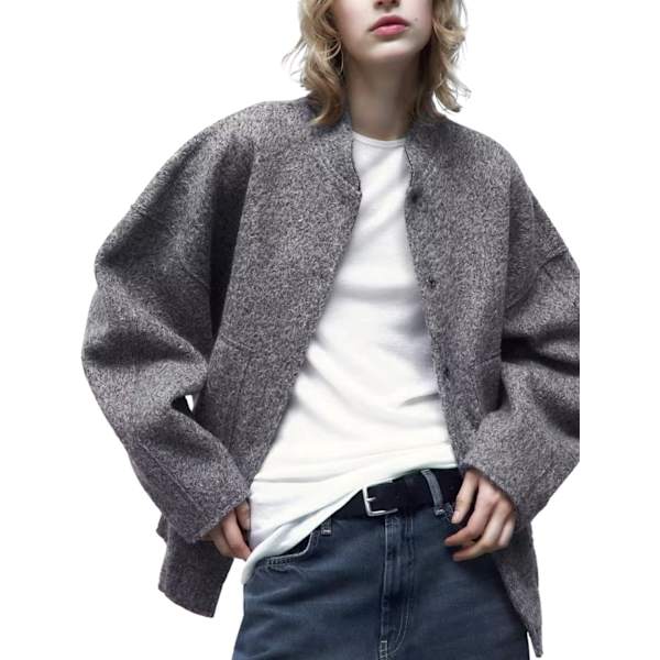 lisan Dam Oversized Ullblandning Bomberjacka Casual Button Down Varsityjacka med Fickor