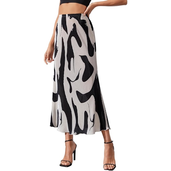 dusa Dam High Waist Graphic Print A Line Plisserad Lång kjol Vit Svart Liten