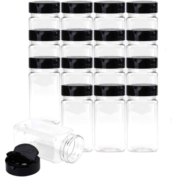 Bith 16-pack plastkryddburkar, flaskor för förvaring av kryddor, örter och pulver - 9 oz BPA-fria kryddbehållare i plast med svart fliplock till cap