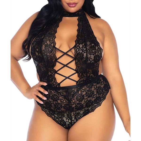 a Lust Damkläder Plus Size Lingerie - Sexig Plunging Lace up Teddy Hög Hals Crisscross Bodysuit Nattkläder Nattkläder Svart XX-Large