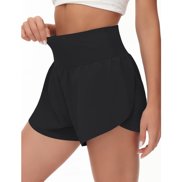 wish Damshorts för kvinnor med hög midja, snabbtorkande yogashorts, träningskläder med meshfoder, dragkedjeficka, svart, stor