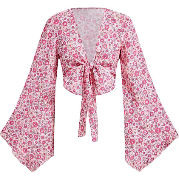 dusa Dam 70-talets blommiga tryck knuten fram blus klocka lång ärm V-ringad beskuren topp rosa X-Small