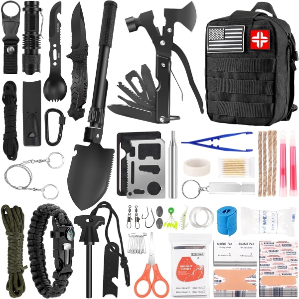 Ergency Survival Kit och First Aid Kit, 142 st Professionell överlevnadsutrustning och utrustning med Molle-påse, för män Camping Outdoor Adventure