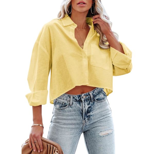 kaneo Dam Button Down Beskurna Skjortor Långärmade Casual Crop Tops Solid Lapel Blus Skjorta med Bröstficka
