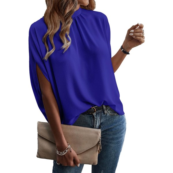 dusa Dam Casual Tie Back Dolman Sleeve Mock Neck Blus Top Royal Blue Large