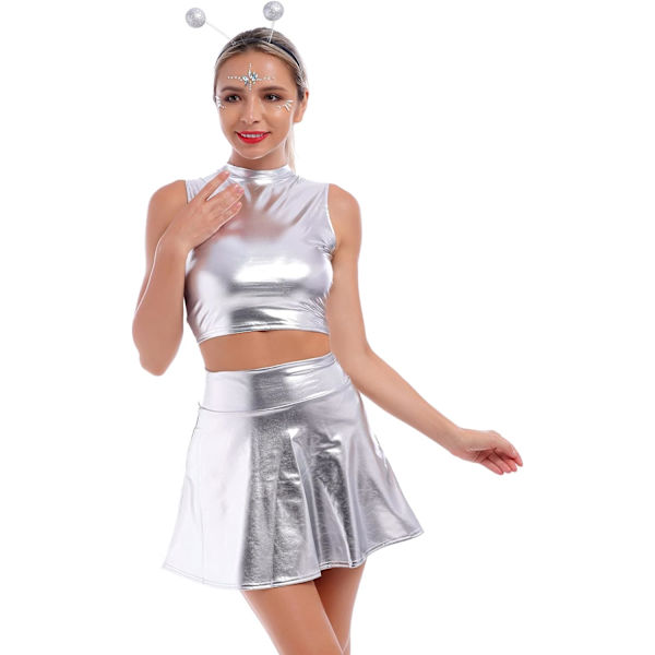 Kostym Kvinnors Sexiga Metalliska Klänningar Silver Topp + Glänsande Kjolen + Alien Pannband Rymdtjej Kostym Wetlook 80-tal Festiv Silber07 Medium