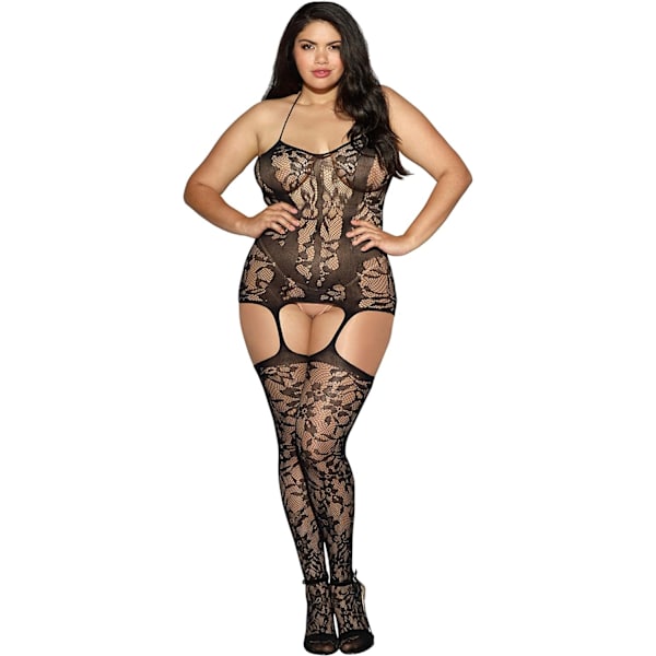 amgirl Dam Plus Size Queen Sizetrinidad Halter Strumpebandsklänning med Fästa Strumpor Svart X-Large-XX-Large Plus