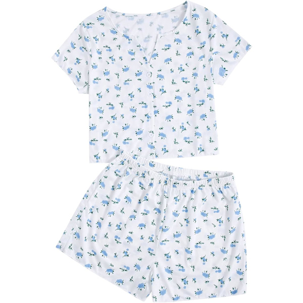 dusa Dam 2-delad knapp ned kort ärm Ditsy blommig knapp framtill nattkläder Loungewear PJ set Vit X-Large