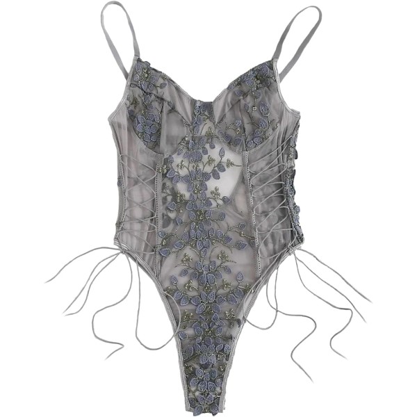 osy Kvinnor Sexig Spets Upp Blommig Broderad Teddy Lingerie Bodysuit Topp Mesh Sheer One Piece Grå Medium