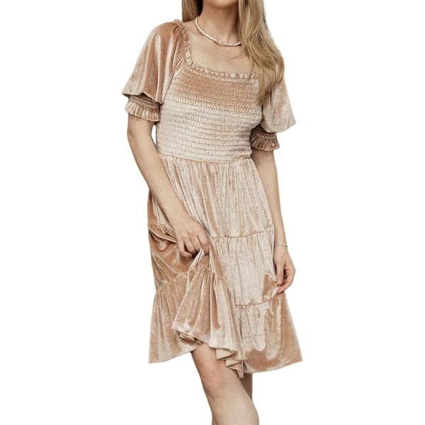 ivimos Dam Fall Vinter Sammet Casual Klänning Puffärm Fyrkantig Hals Elastisk Smokad A-Linje Swing Flytande Knälång Dre Champagne X-Large