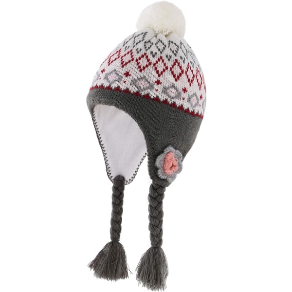 racy Toddler Earflap Beanie Hat Kids Girls Winter Fleece Lining Knit Hat White+Grey 1-3T