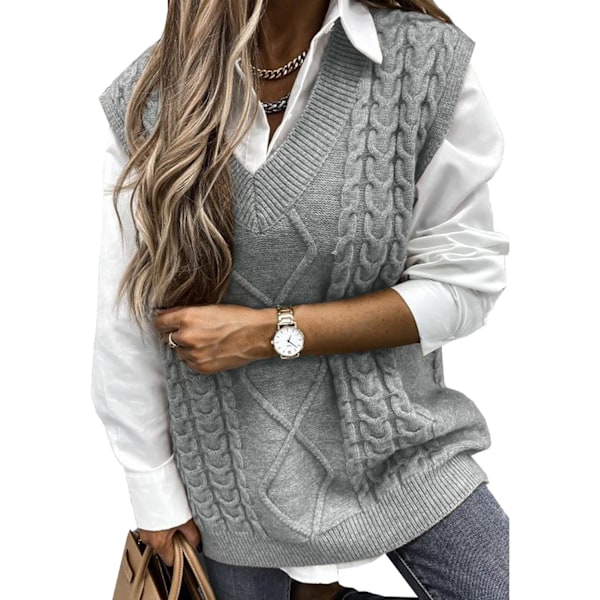 ANISA Dam V-hals Ärmlös Oversize Tröja Väst Casual Lös Kabel Stickad Tröjor Tank Pullover Höst Vinter Kläder Z-grå X-Large