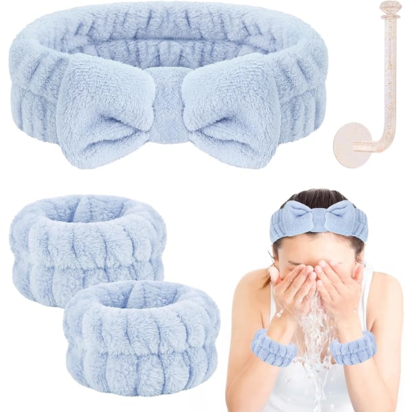 ETIA Face Wash Pannband och set, handledshanddukar för att tvätta ansiktet med hållare Mikrofiberarmband för tvätt F Blå